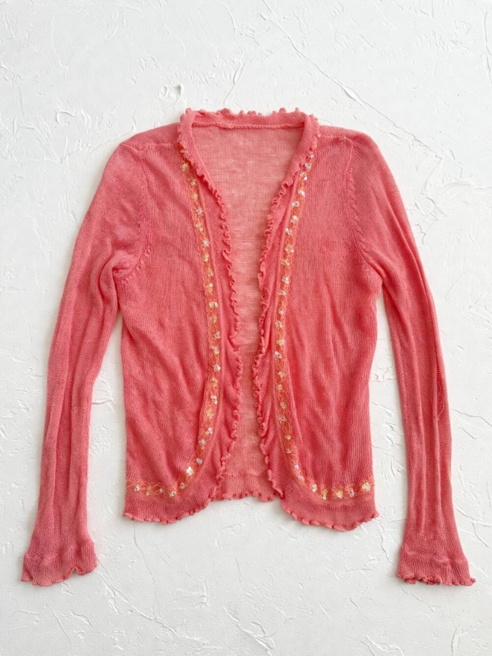 Vintage Pink Fairycore Cardigan Sequin Beaded Trim Ruffle Ramie L